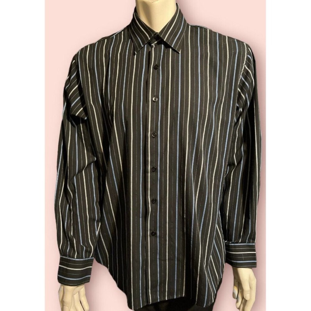Van Heusen Studio Button Up Shirt Mens Sz L Blue Black Stripe Long Sleeve